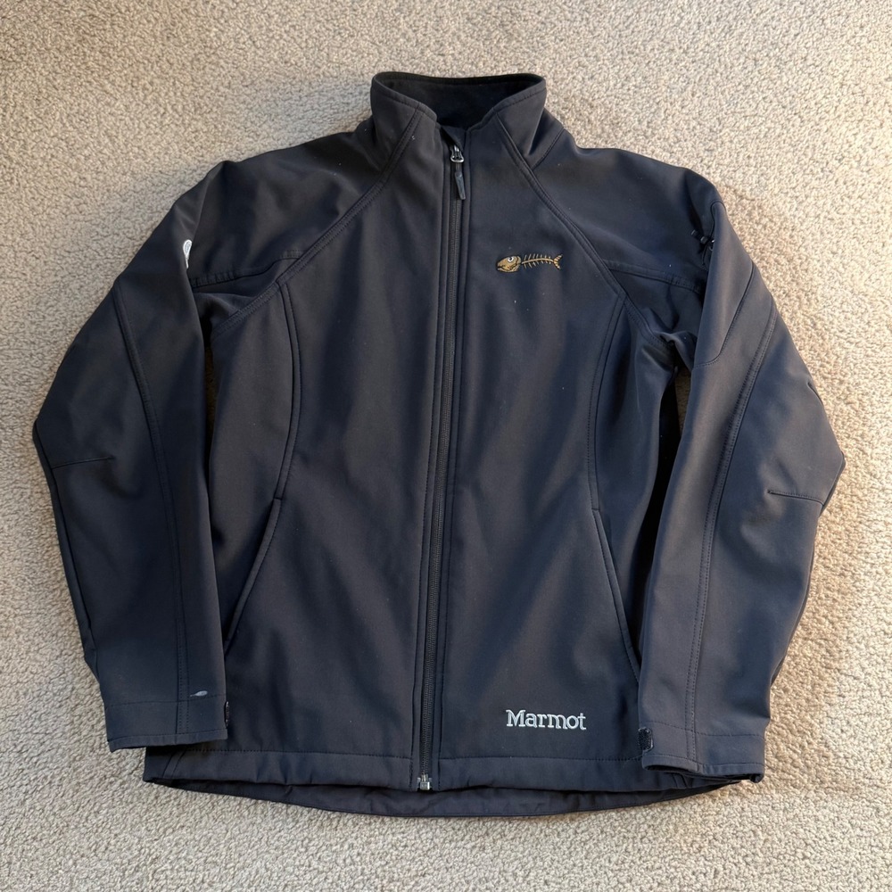 Marmot Softshell Jacket S Black Full Zip Fleece Lined Fish Skeleton Embroidery